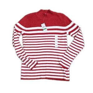 Studio Works Women's Sweater Large Orange/White Striped Long Sleeve Mock Neck L